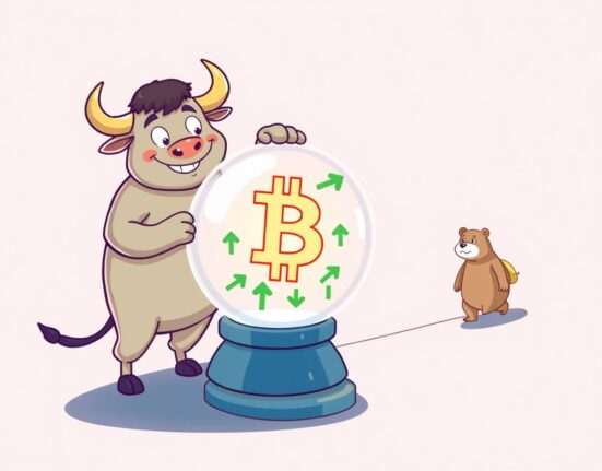 Optimistic cartoon bull analyzing healthy crypto market correction with Bitcoin crystal ball