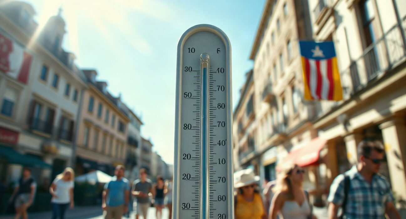 Thermometer showing high temperature during a heatwave in a city setting
