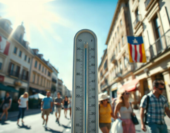 Thermometer showing high temperature during a heatwave in a city setting