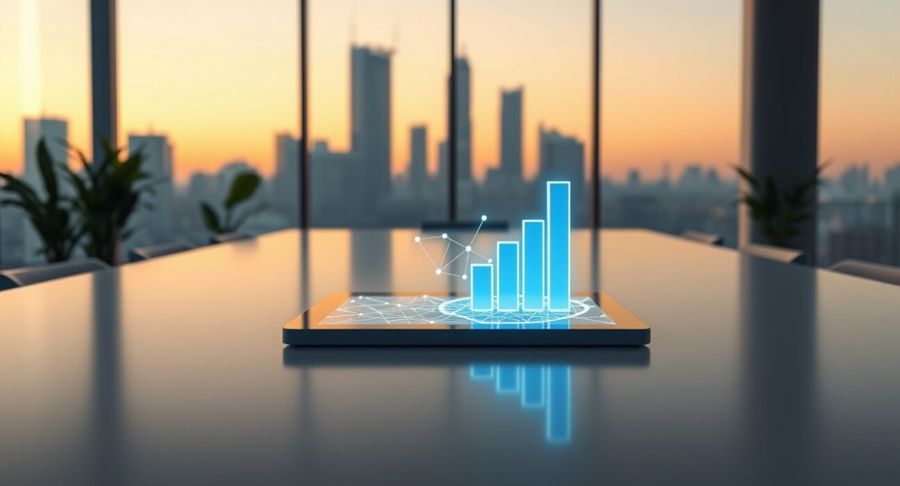 Strategic Web3 investment meeting visualizing blockchain network growth and financial data integration.