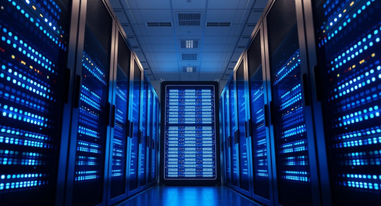 Hedera network data center with blue server lights indicating stable blockchain operations