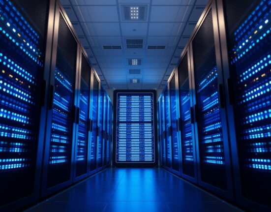 Hedera network data center with blue server lights indicating stable blockchain operations