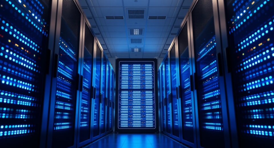 Hedera network data center with blue server lights indicating stable blockchain operations