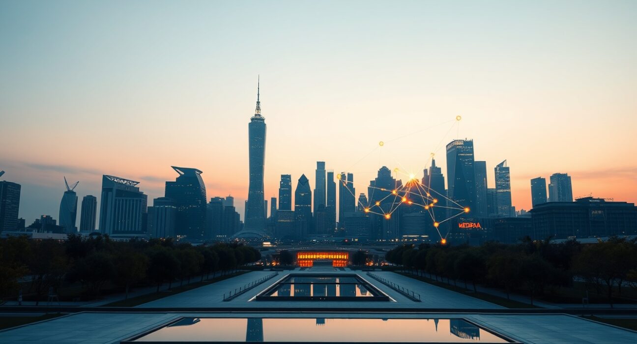 Futuristic city skyline with glowing Hedera hashgraph network patterns at dusk, representing blockchain connectivity and growth.
