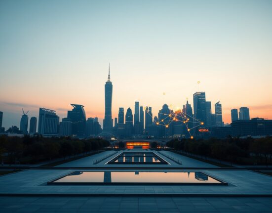 Futuristic city skyline with glowing Hedera hashgraph network patterns at dusk, representing blockchain connectivity and growth.