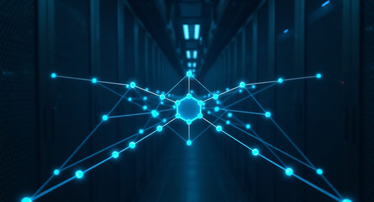 Hedera Hashgraph network visualization with glowing blue nodes representing decentralized ledger technology