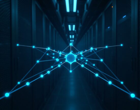 Hedera Hashgraph network visualization with glowing blue nodes representing decentralized ledger technology