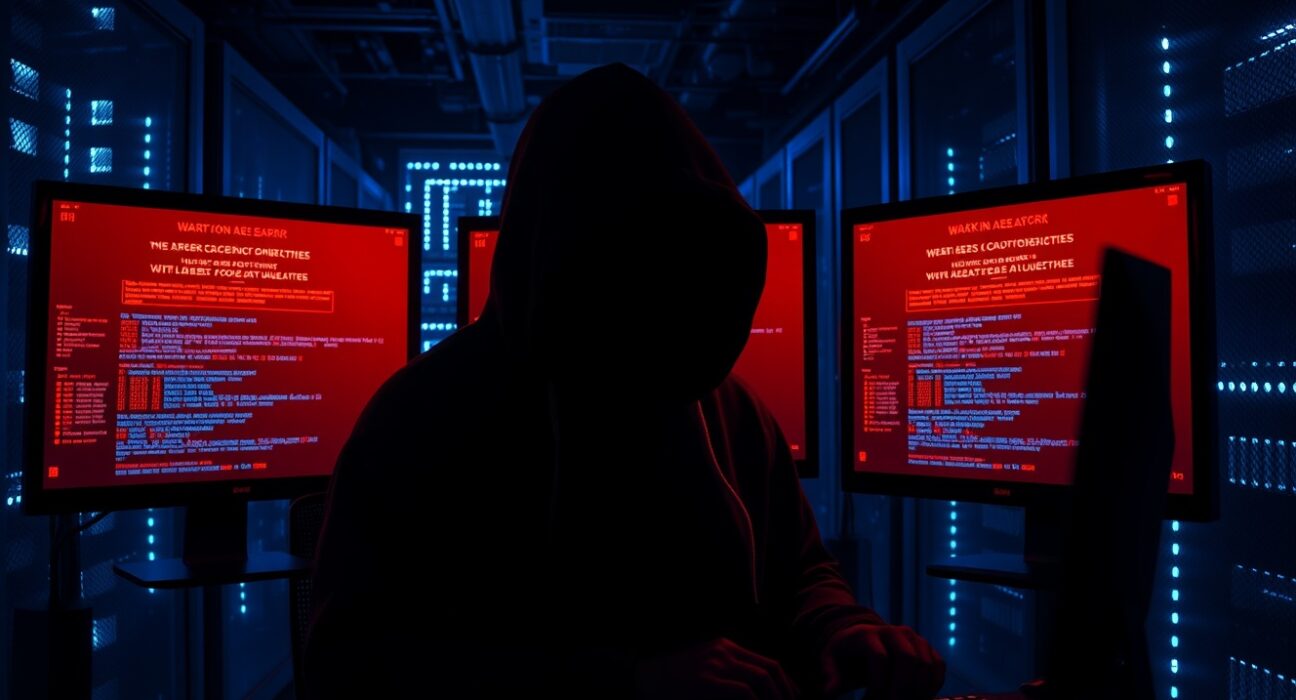 Hacker in a dim server room with monitors displaying code and red security alerts during a cryptocurrency network breach.