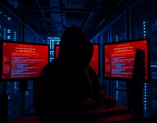 Hacker in a dim server room with monitors displaying code and red security alerts during a cryptocurrency network breach.