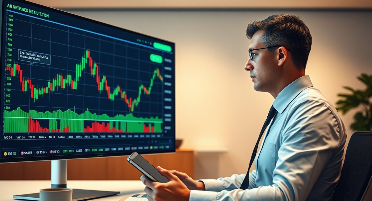 Financial analyst monitoring AI stock market volatility on digital screen