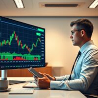 Financial analyst monitoring AI stock market volatility on digital screen