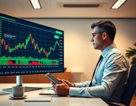Financial analyst monitoring AI stock market volatility on digital screen