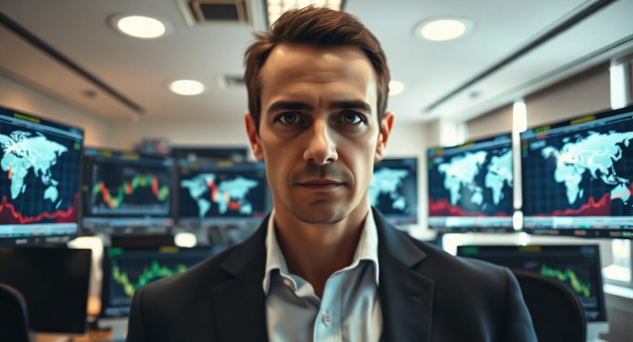 Hedge fund CIO Vuk Vukovic analyzing financial markets in a modern office