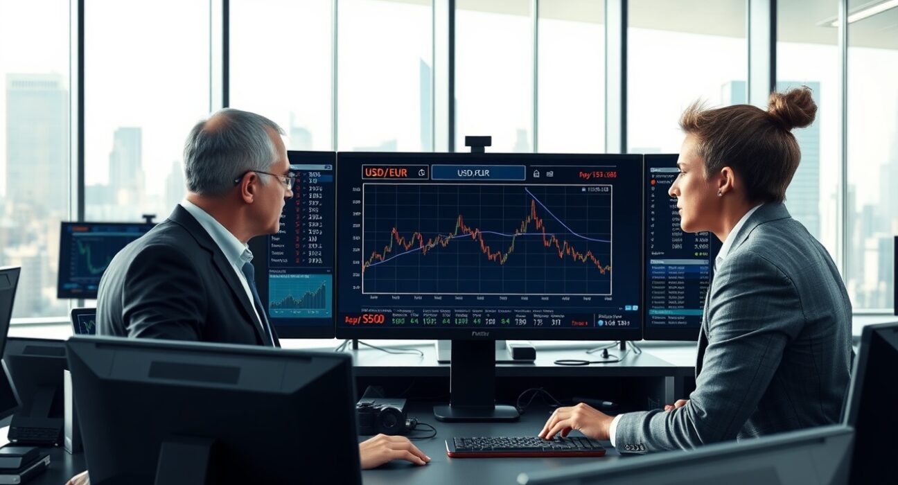 Financial analysts monitor a bearish US dollar trend on trading screens amid Middle East peace developments.