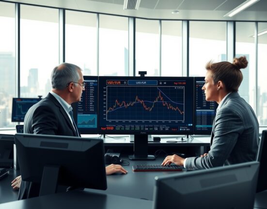 Financial analysts monitor a bearish US dollar trend on trading screens amid Middle East peace developments.