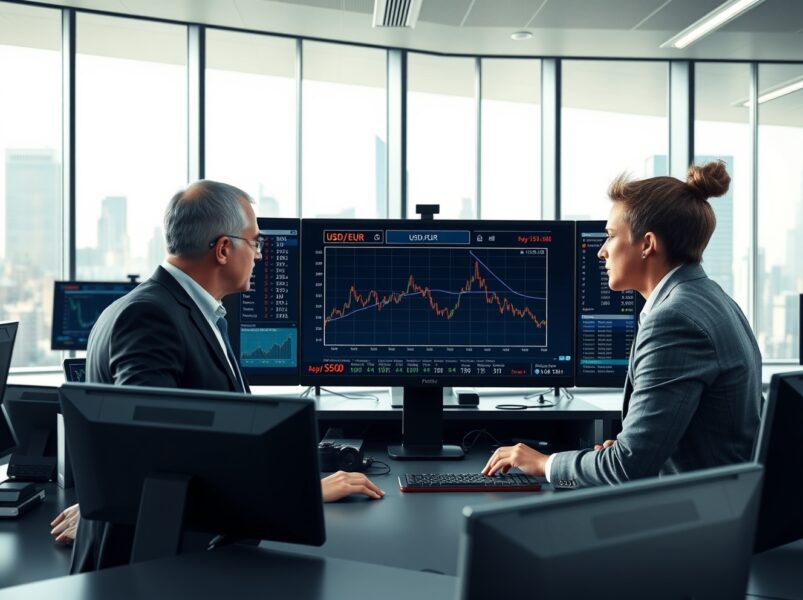 Financial analysts monitor a bearish US dollar trend on trading screens amid Middle East peace developments.