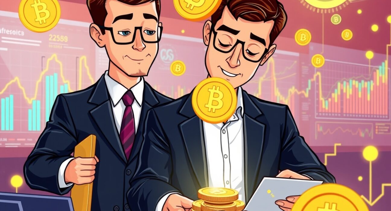 Hedge fund managers analyzing crypto assets in modern investment environment with digital coins and blockchain technology