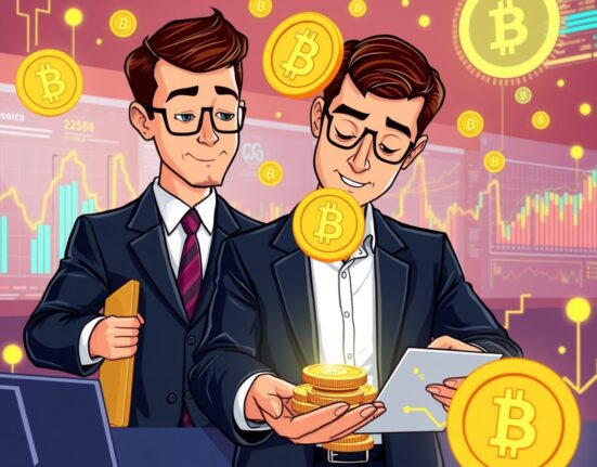 Hedge fund managers analyzing crypto assets in modern investment environment with digital coins and blockchain technology