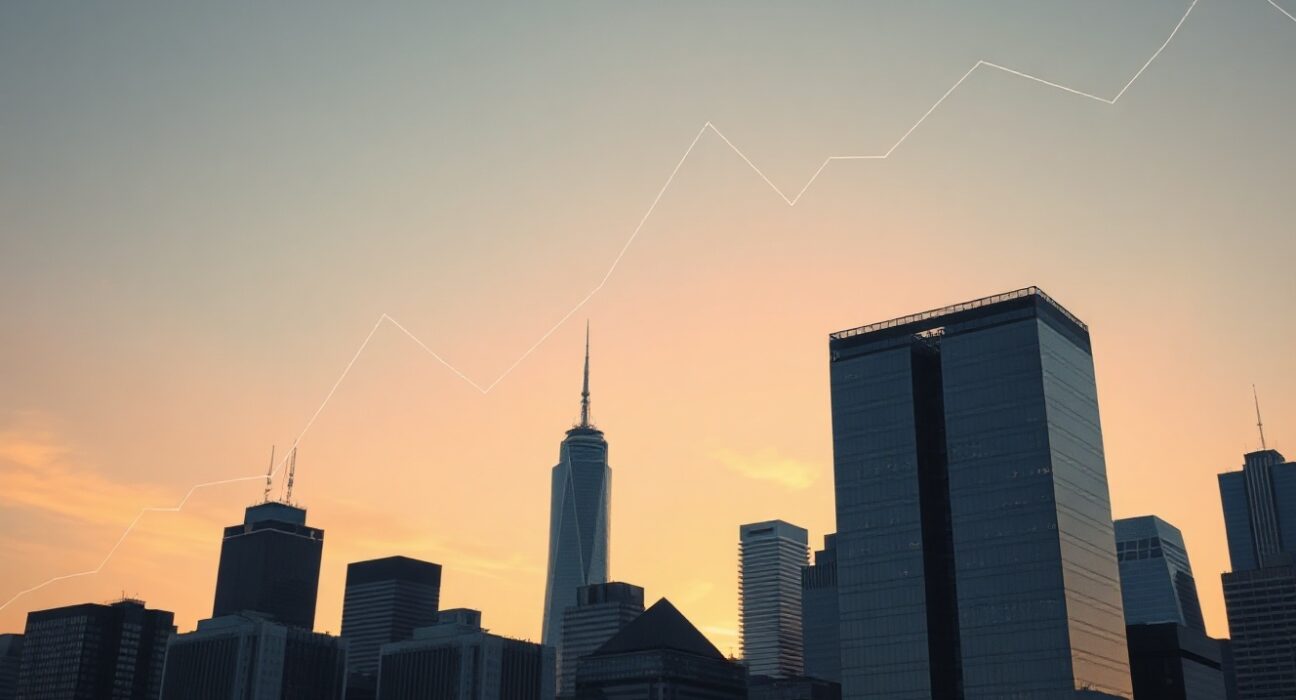 Financial district skyline with digital chart overlays symbolizing Bitcoin ETF market movements