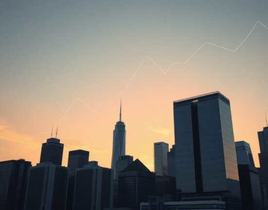 Financial district skyline with digital chart overlays symbolizing Bitcoin ETF market movements
