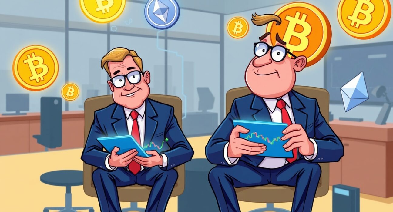 Hedge funds investing in crypto through analysis of digital asset charts in a vibrant office scene