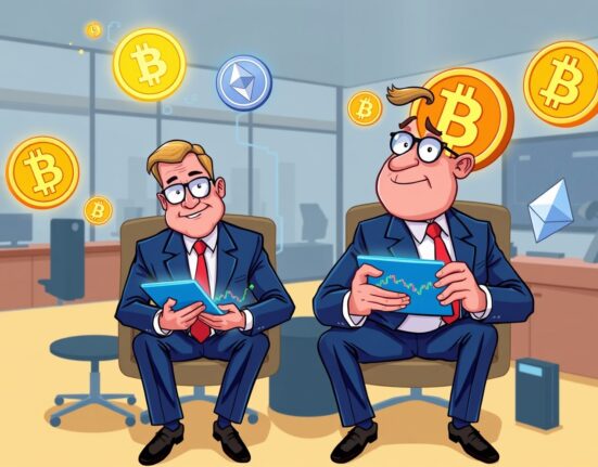 Hedge funds investing in crypto through analysis of digital asset charts in a vibrant office scene