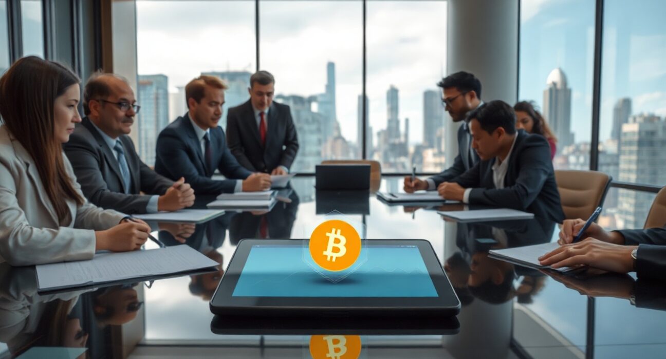 Financial professionals reviewing a Hedged Bitcoin ETF application document with a Bitcoin and shield icon on a tablet.