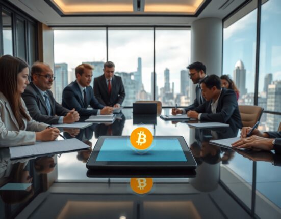 Financial professionals reviewing a Hedged Bitcoin ETF application document with a Bitcoin and shield icon on a tablet.