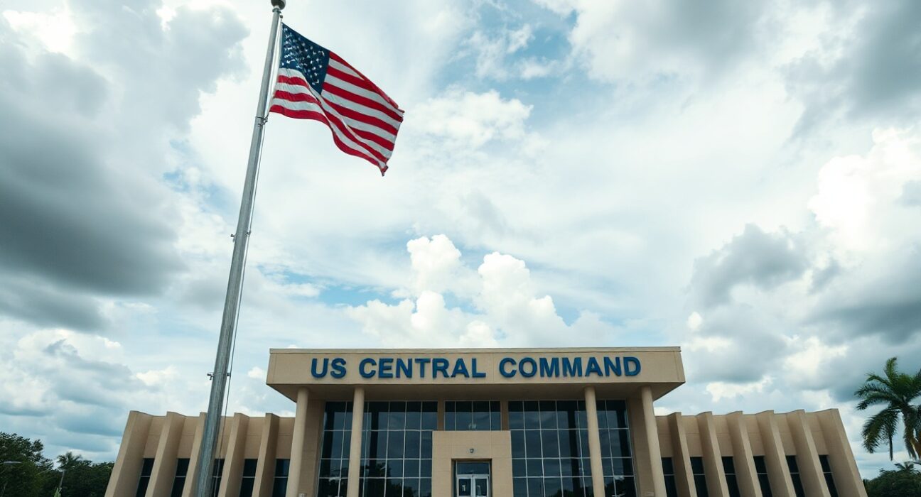 US Central Command headquarters in Tampa, Florida, under overcast sky with American flag flying.