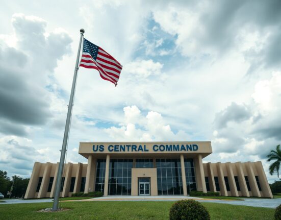 US Central Command headquarters in Tampa, Florida, under overcast sky with American flag flying.