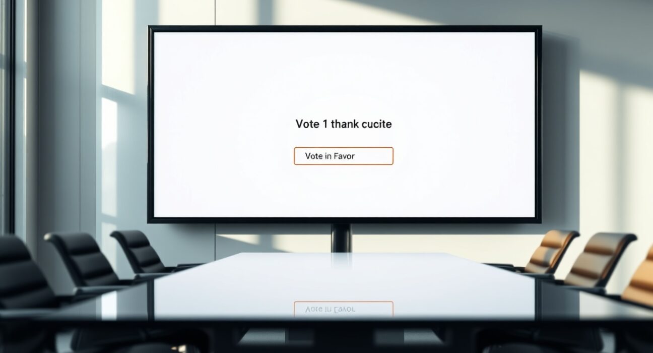 Digital voting screen showing on-chain proposal to burn 16.5 million HEI tokens in a modern boardroom setting.