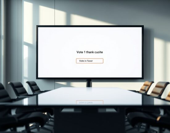 Digital voting screen showing on-chain proposal to burn 16.5 million HEI tokens in a modern boardroom setting.