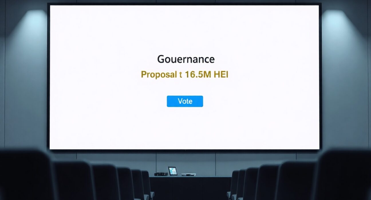 Digital governance voting interface showing a proposal to burn 16.5 million HEI tokens in a modern conference room.