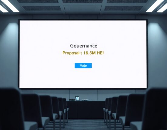 Digital governance voting interface showing a proposal to burn 16.5 million HEI tokens in a modern conference room.