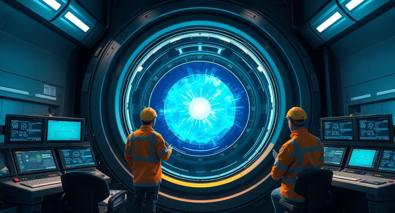 Helion fusion reactor control room with active plasma, representing the clean energy deal with OpenAI.