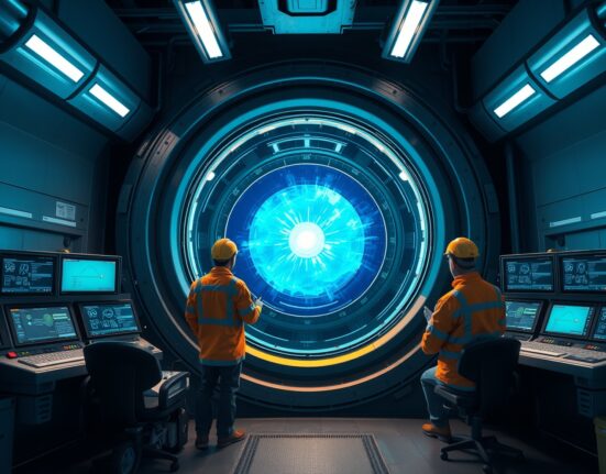 Helion fusion reactor control room with active plasma, representing the clean energy deal with OpenAI.