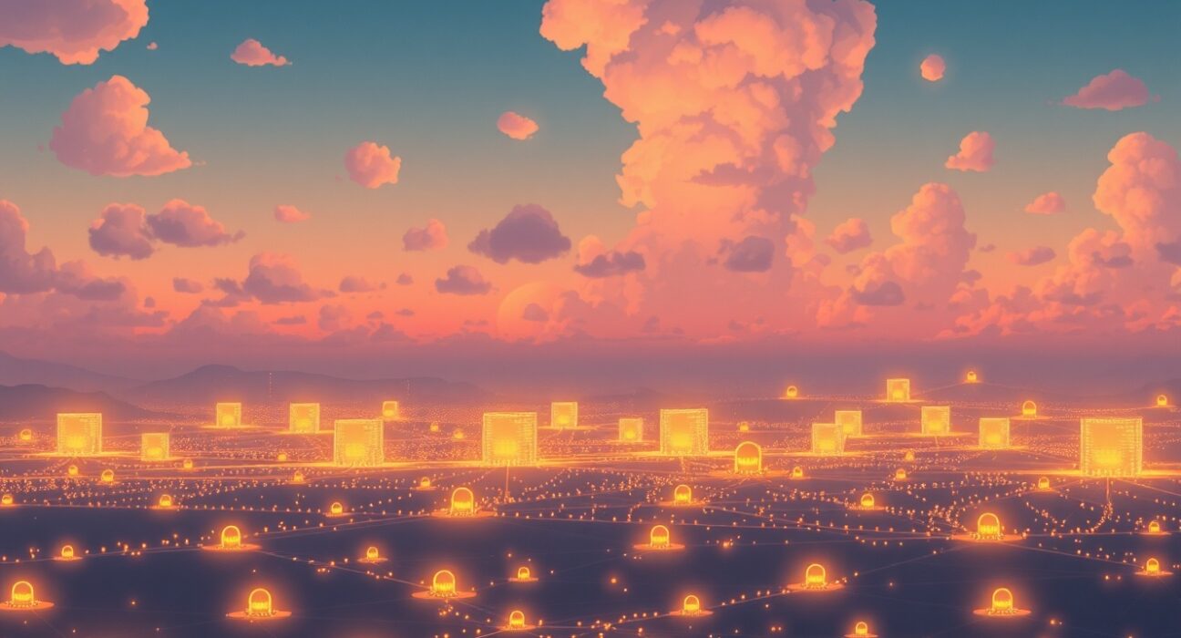 An artistic representation of the Helium network's long-term potential connecting smart cities.