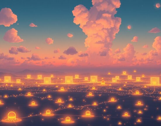 An artistic representation of the Helium network's long-term potential connecting smart cities.