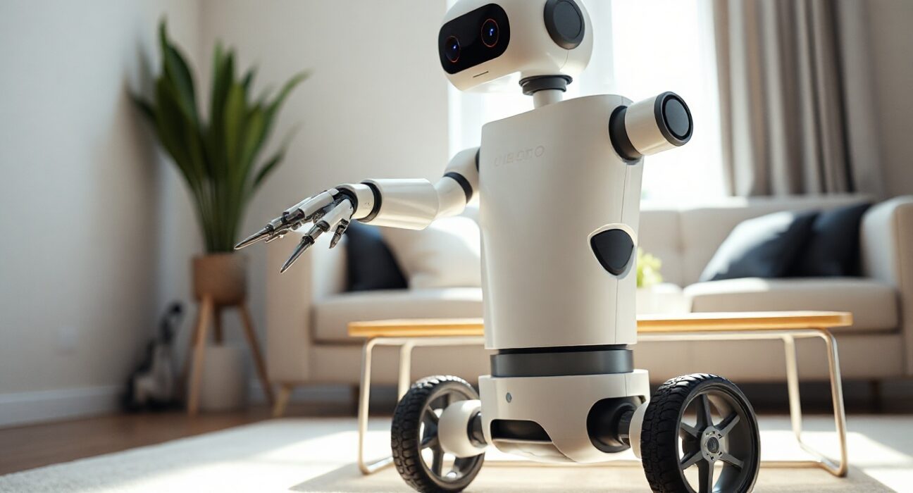Hello Robot Stretch 4 in a living room, showing its wheeled base, telescoping arm, and sensor head.