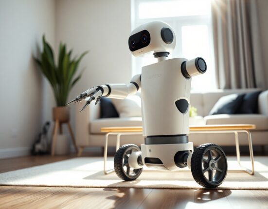 Hello Robot Stretch 4 in a living room, showing its wheeled base, telescoping arm, and sensor head.
