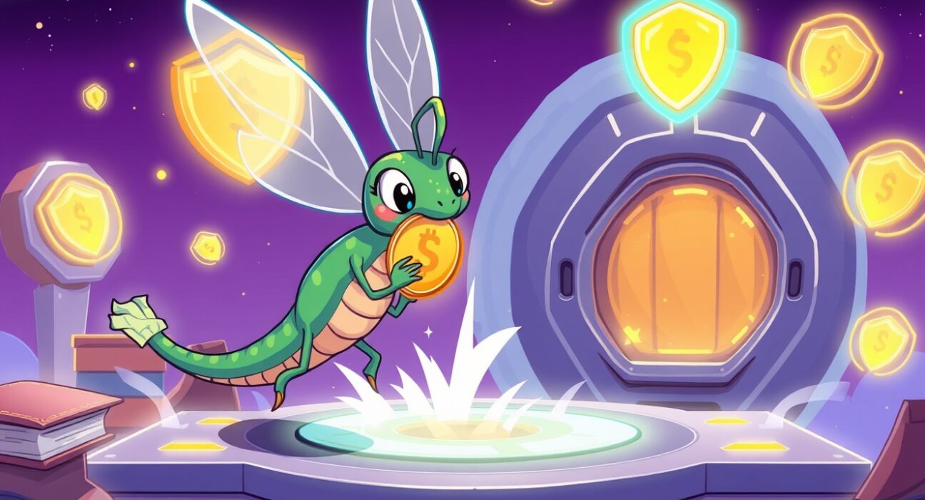 HelloTrade seed funding illustrated as a dragonfly securing a trading platform with educational elements