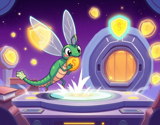 HelloTrade seed funding illustrated as a dragonfly securing a trading platform with educational elements