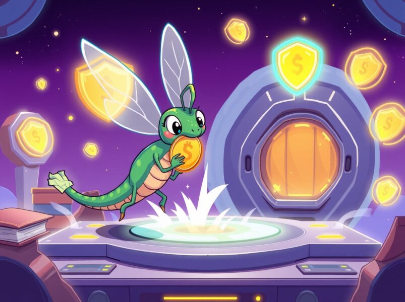 HelloTrade seed funding illustrated as a dragonfly securing a trading platform with educational elements