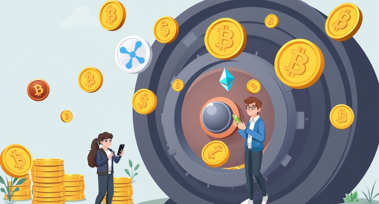 A cartoon illustration showing digital assets being used for a crypto-backed loan service, symbolizing financial flexibility and new opportunities.