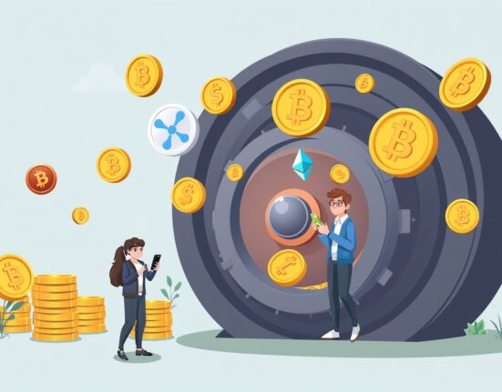 A cartoon illustration showing digital assets being used for a crypto-backed loan service, symbolizing financial flexibility and new opportunities.