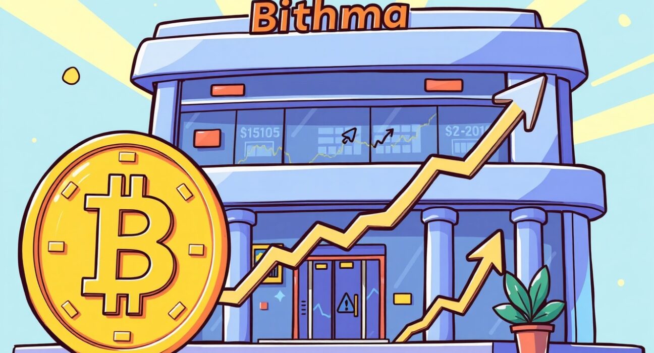 Cartoon illustration showing the exciting moment of a Hemi (HEMI) listing on a major cryptocurrency exchange, symbolizing new trading opportunities.