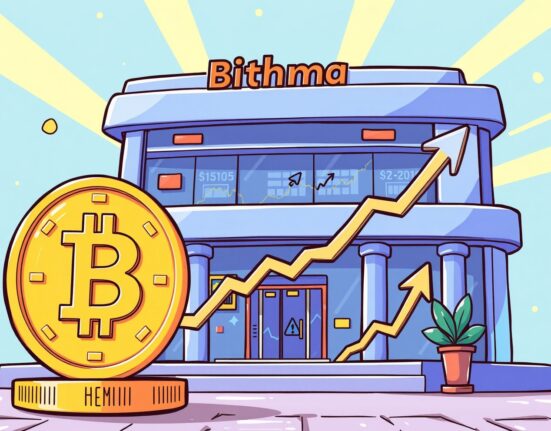 Cartoon illustration showing the exciting moment of a Hemi (HEMI) listing on a major cryptocurrency exchange, symbolizing new trading opportunities.