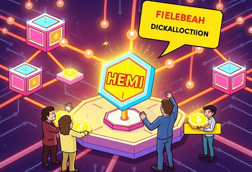 Cartoon illustration showing the distribution of HEMI tokenomics within a modular blockchain ecosystem.