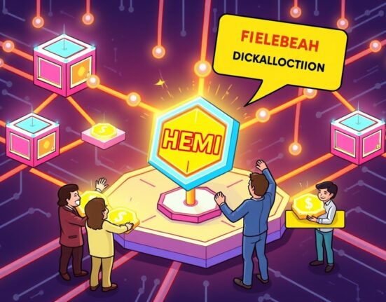 Cartoon illustration showing the distribution of HEMI tokenomics within a modular blockchain ecosystem.