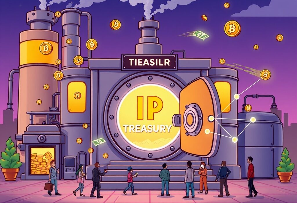 A cartoon illustration showing Heritage Distilling securing a significant Private Placement deal to build its IP tokens treasury.
